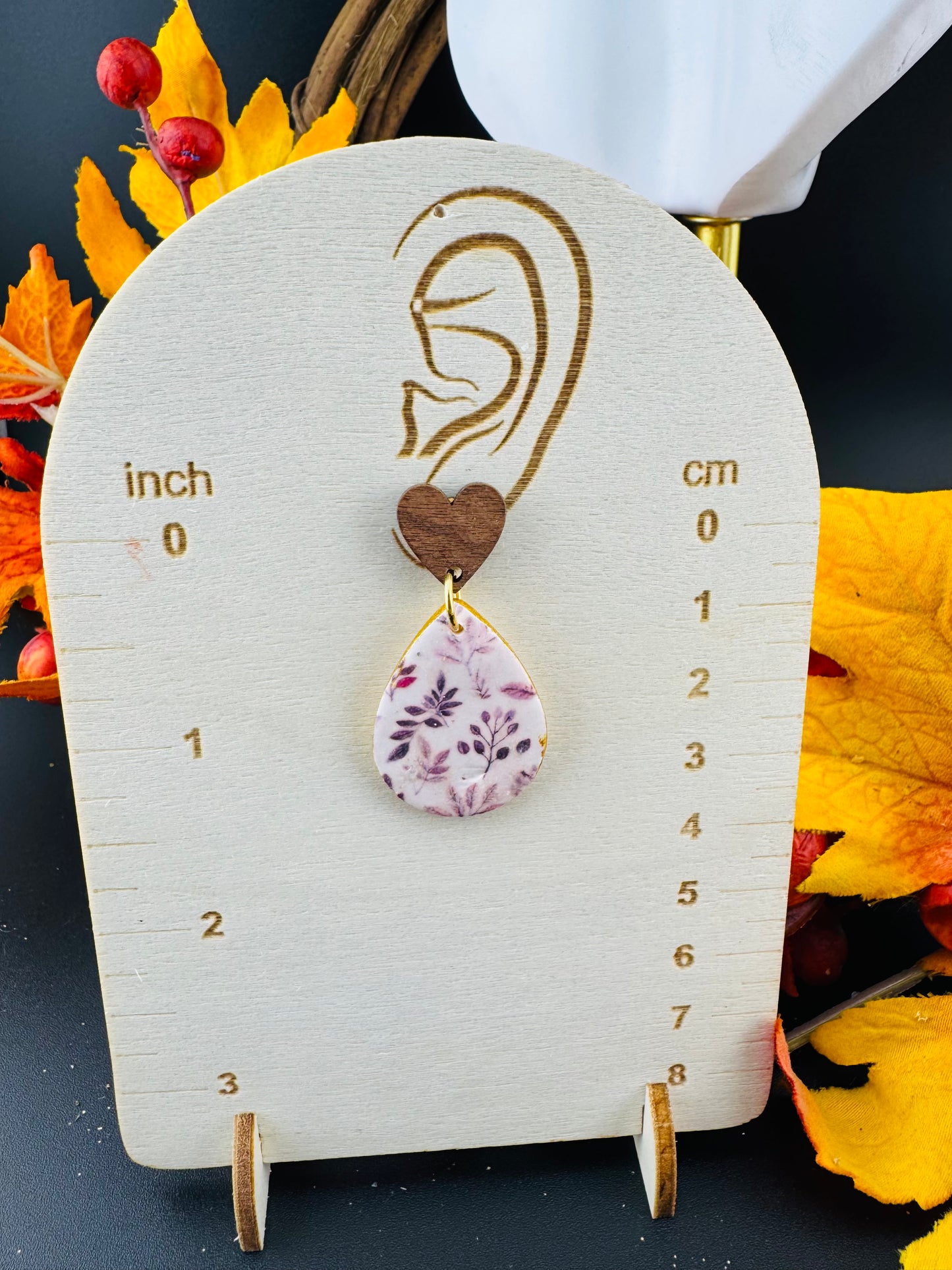 Falling Leaves Teardrop dangle with Wood Heart Post
