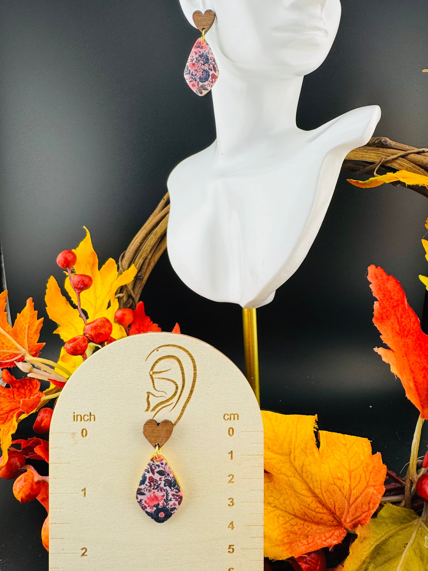 Navy Blue Fall Flowers Dangle with Wood Heart post