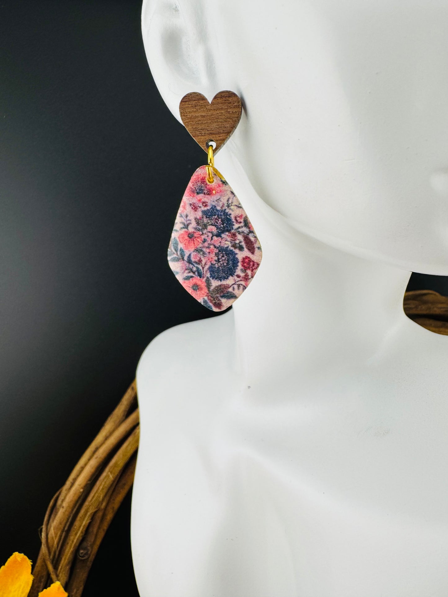 Navy Blue Fall Flowers Dangle with Wood Heart post