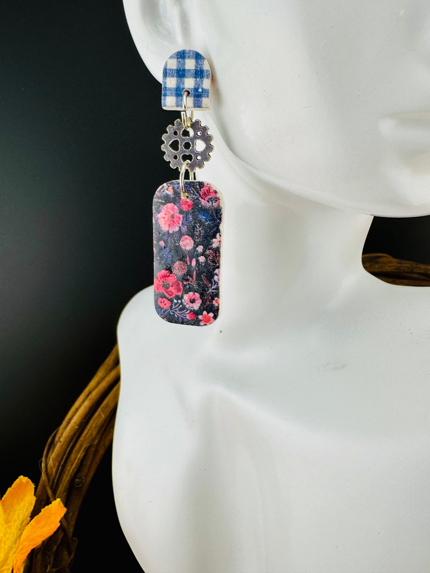 Navy Flower with Blue Plaid post and Silver Charm