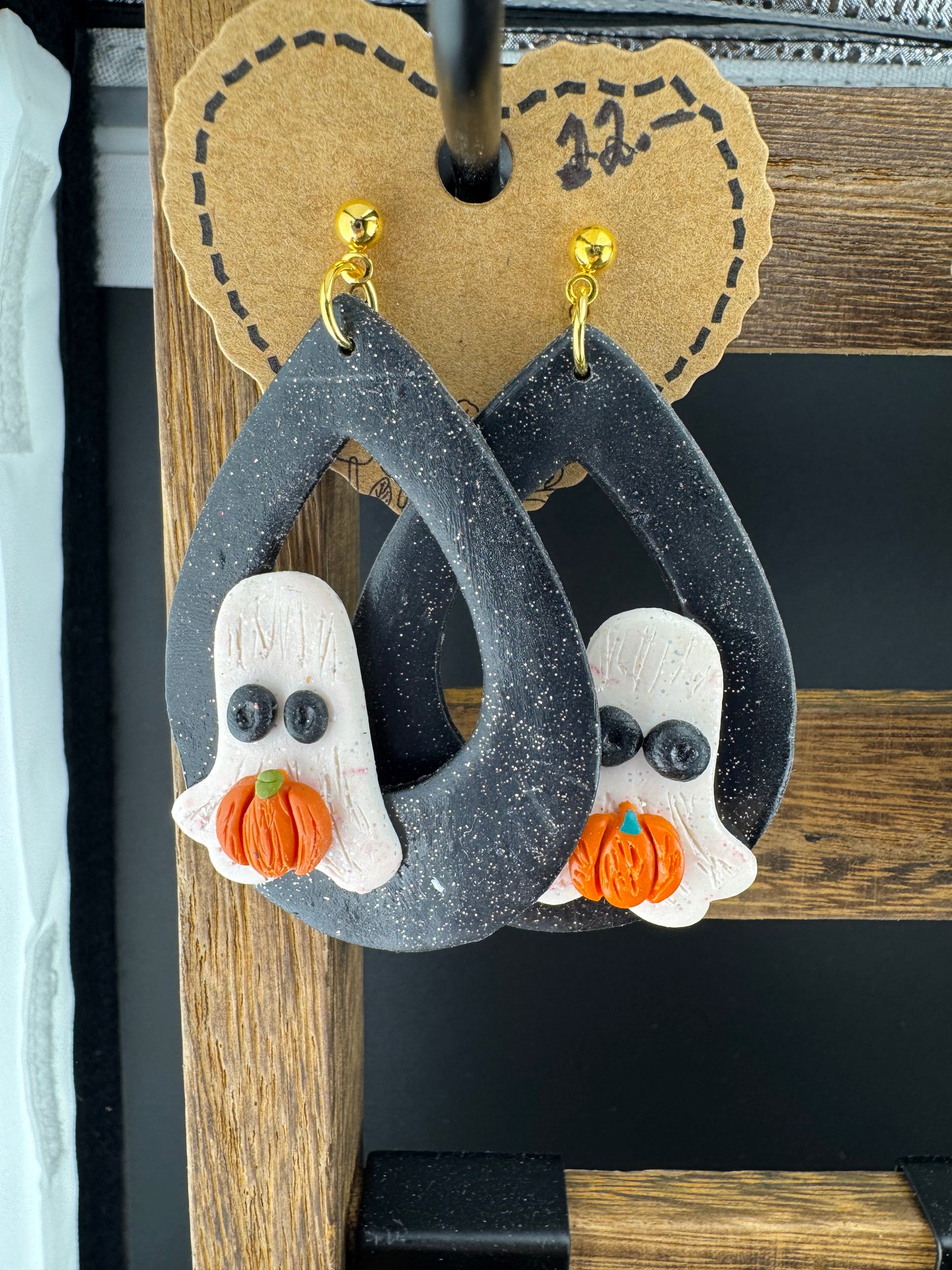 Large Teardrop earrings with Handcrafted Ghost holding a Pumpkin Earrings