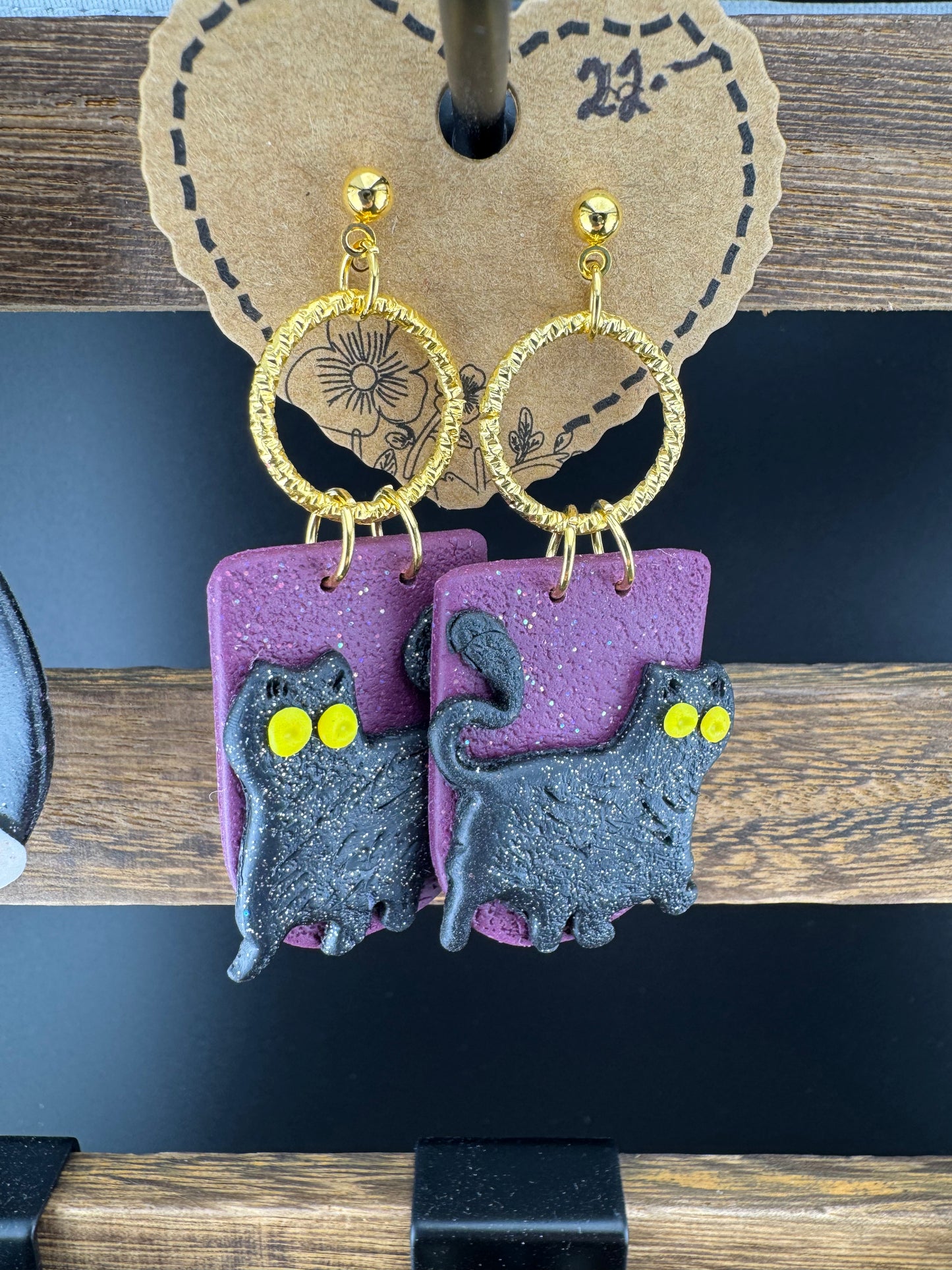 Black Cats on the Prowel ithe Purple Background Gold charm and Gold Ball post Earrings