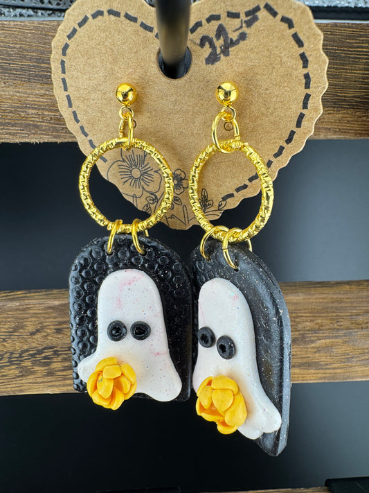 Ghost Holding a Yellow Flower on Black Arch with Gold charm and Gold Ball post Earrings