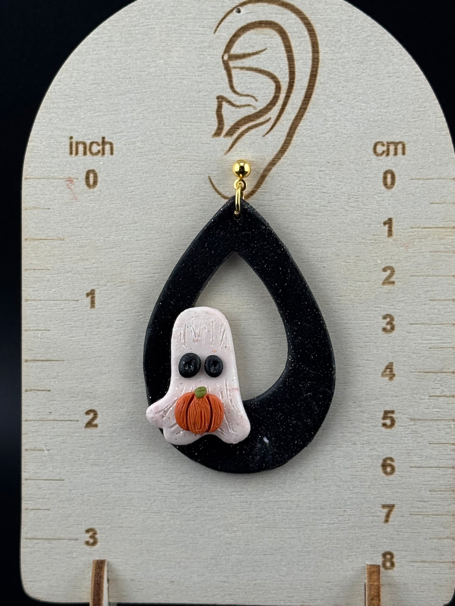 Large Teardrop earrings with Handcrafted Ghost holding a Pumpkin Earrings