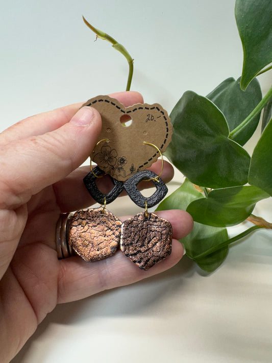 Black and Copper Gold Leaf Boho Style Earrings with Gold Hoops