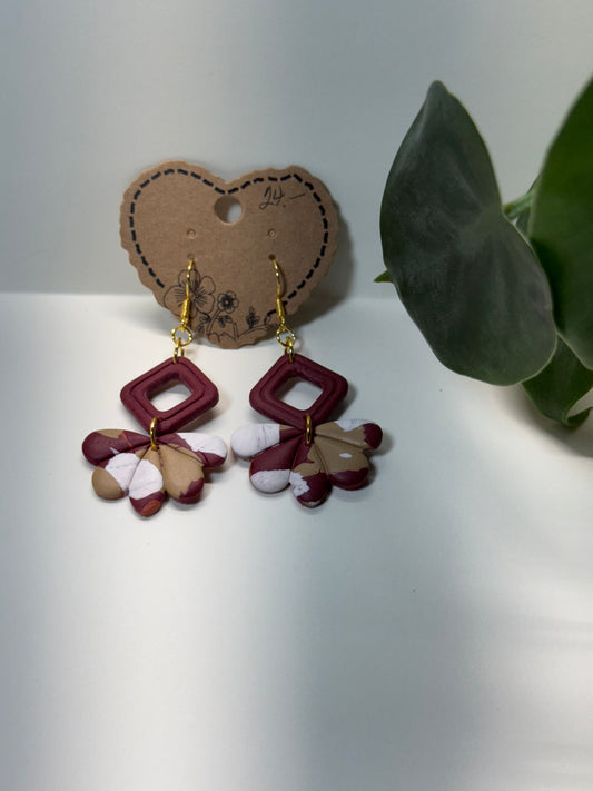 Wine, Beige, and White Boho Style earring with Gold Fishhook