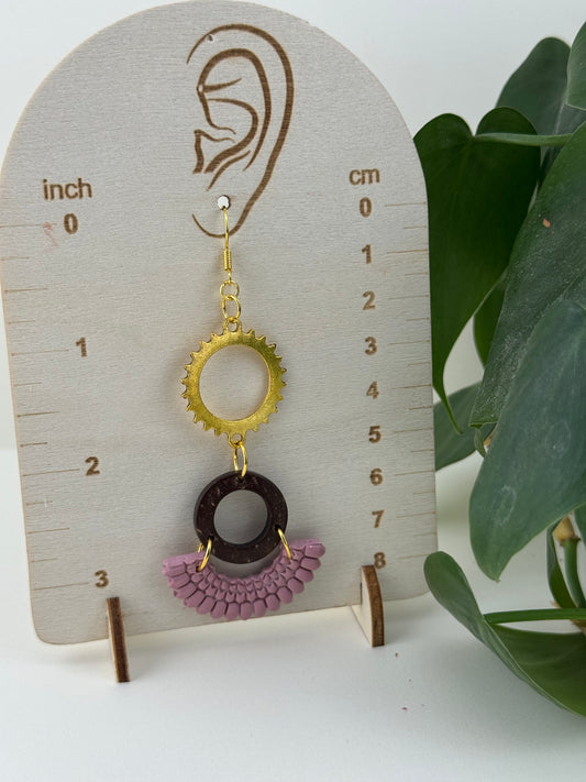 Rose, Wood. and Gold Boho Inspired Earring with Gold Fishhook