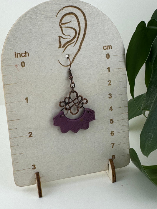 Mandala Inspired Purple earrings with Copper charm and Fishhook