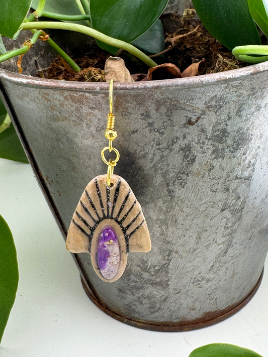 Purple ,Yellow, and White Bezel in Boho Style earring with Gold Fishhook