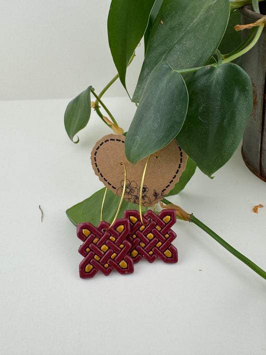 Red Chinese Symbol Box Earrings with Gold Hoops Design #1