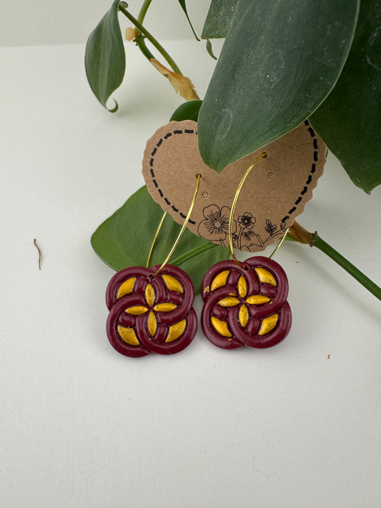 Red Chinese Symbol Box Earrings with Gold Hoops Design #2