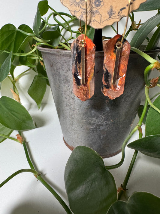 Orange, Black, and Metalic Bronze Earrings with Gold Bar Charm and Gold Hoops