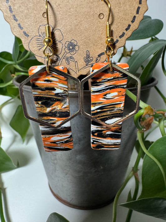 Orange, Black, and Metalic Bronze Earrings with A Hexagon Gold Charmand Gold Fishhooks