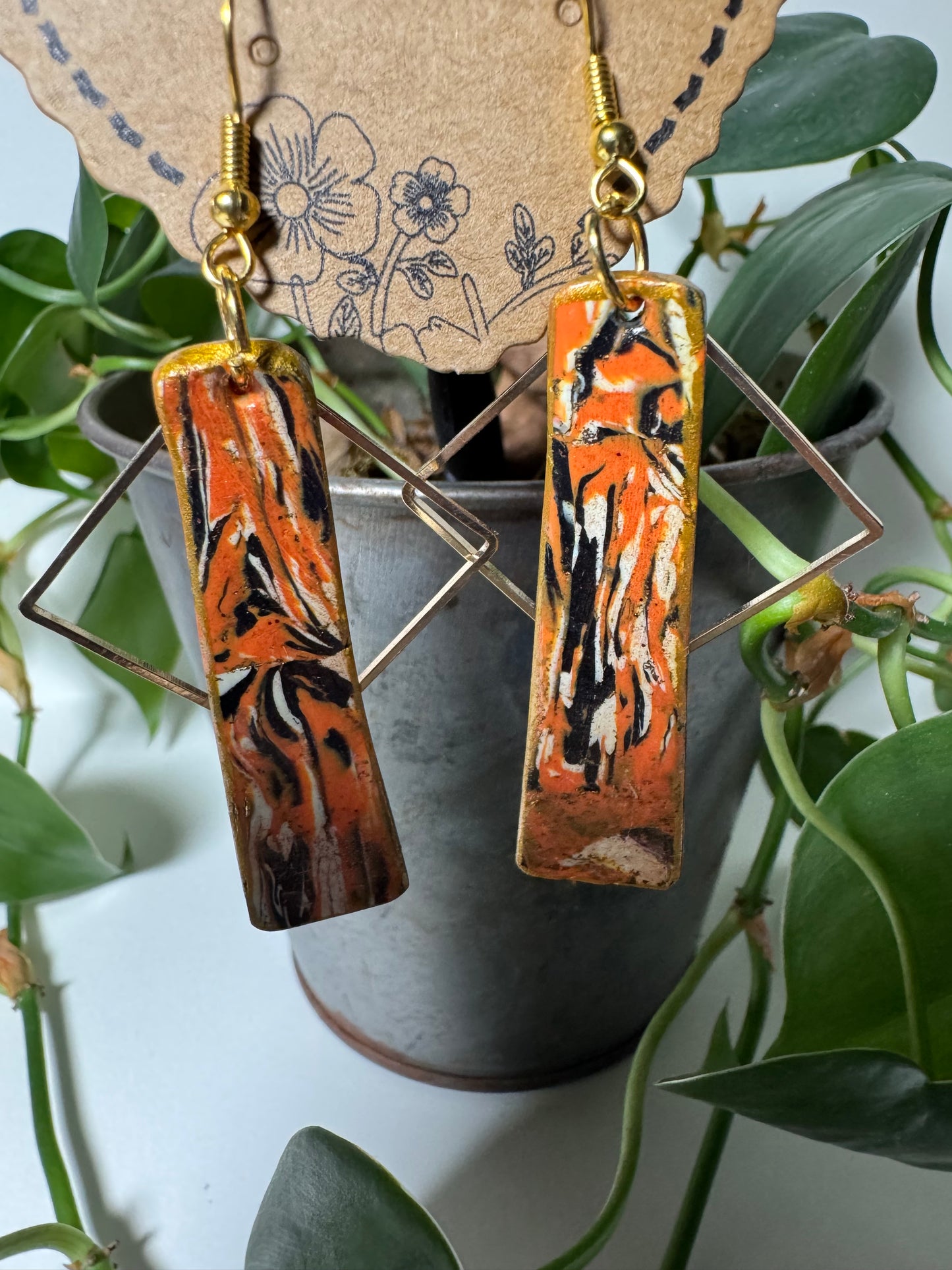 Orange, Black, and Metalic Bronze Earrings  with Gold Square Charm and Gold Fishhooks