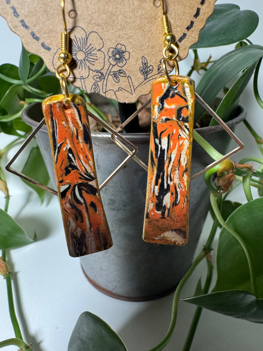 Orange, Black, and Metalic Bronze Earrings  with Gold Square Charm and Gold Fishhooks