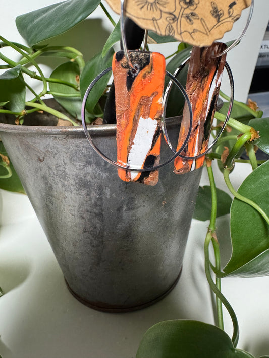 Orange, Black, and Metalic Bronze Earrings with Silver Circle Charms and Silver Hoops