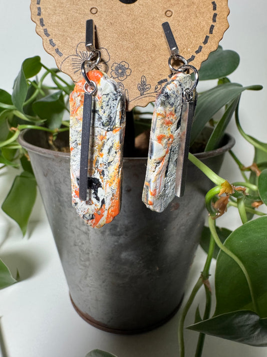 Orange, Black, and Metalic Bronze Earrings with Silver Bar Charms and  Silver Bar studs