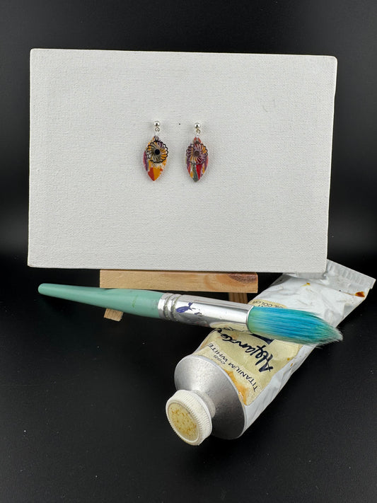 Multicolored, Boho Style Earring with Silver Daisy Charm and Silver Ball Post