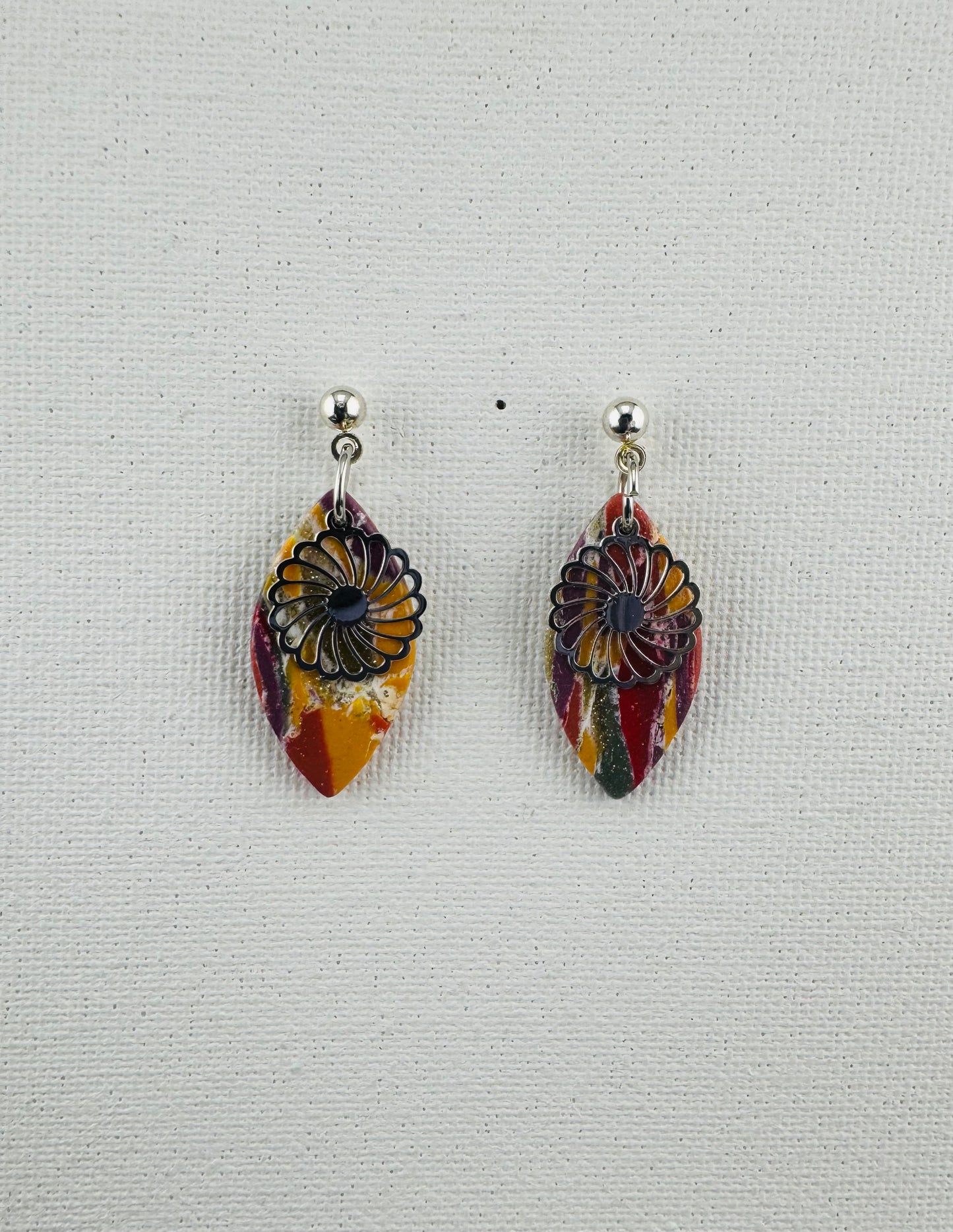 Multicolored, Boho Style Earring with Silver Daisy Charm and Silver Ball Post
