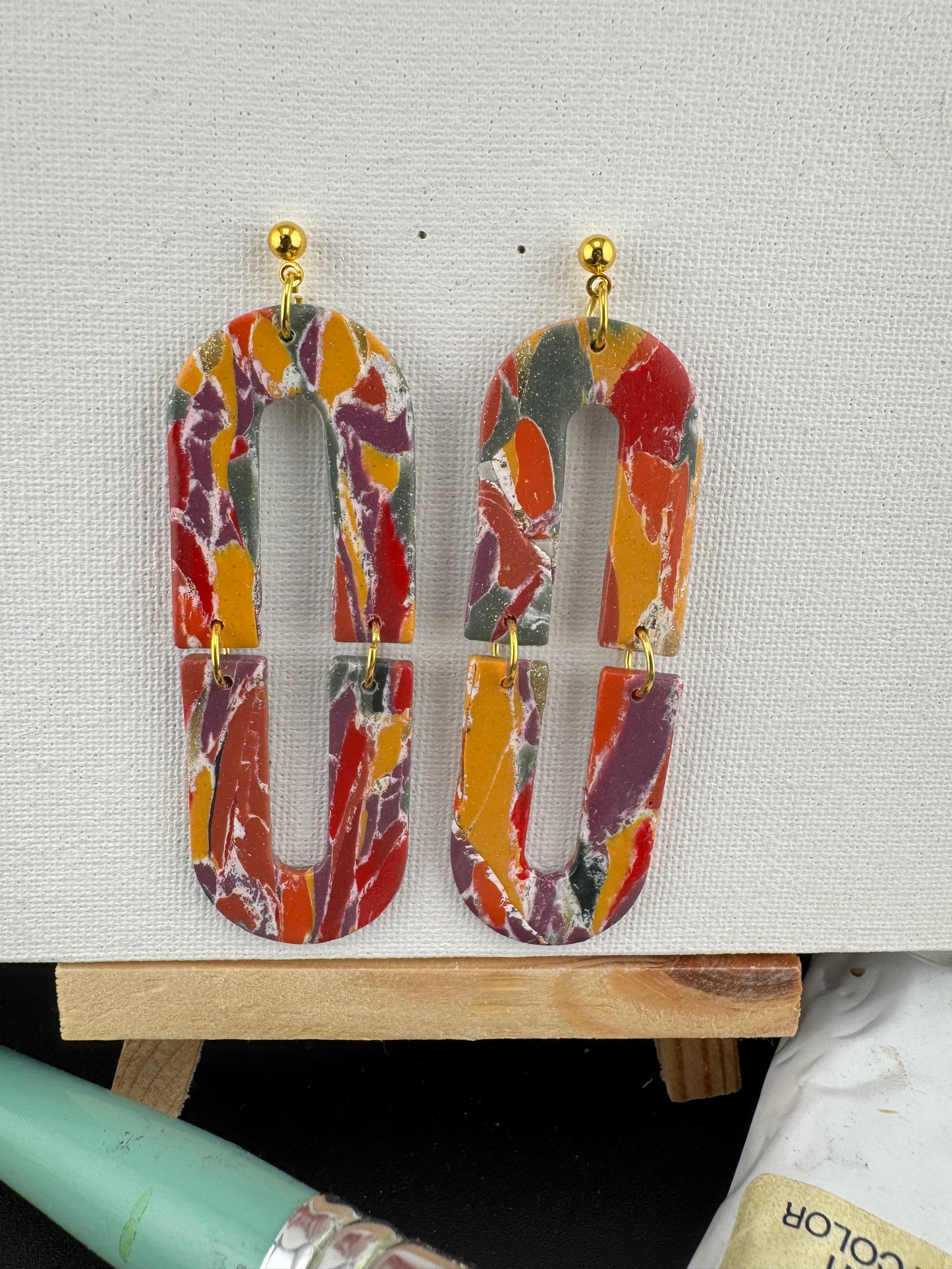 Multicolored, Boho Style Earring With Gold Ball Posts