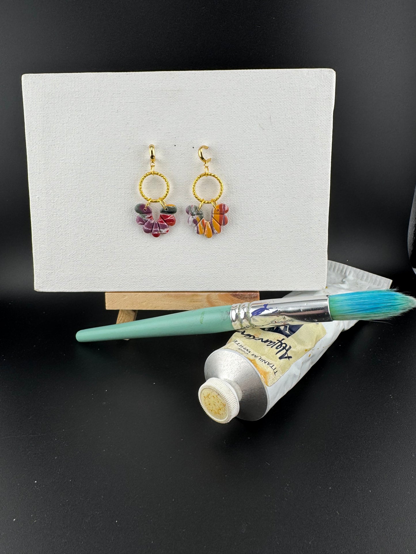 Multicolored, Boho Style Earring with Gold Connector and Gold Huggie Half Hoops