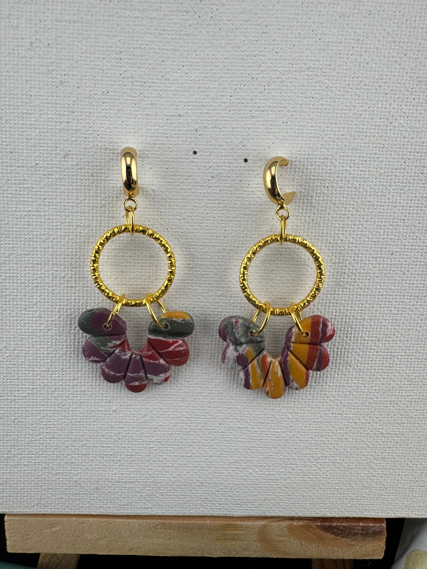 Multicolored, Boho Style Earring with Gold Connector and Gold Huggie Half Hoops