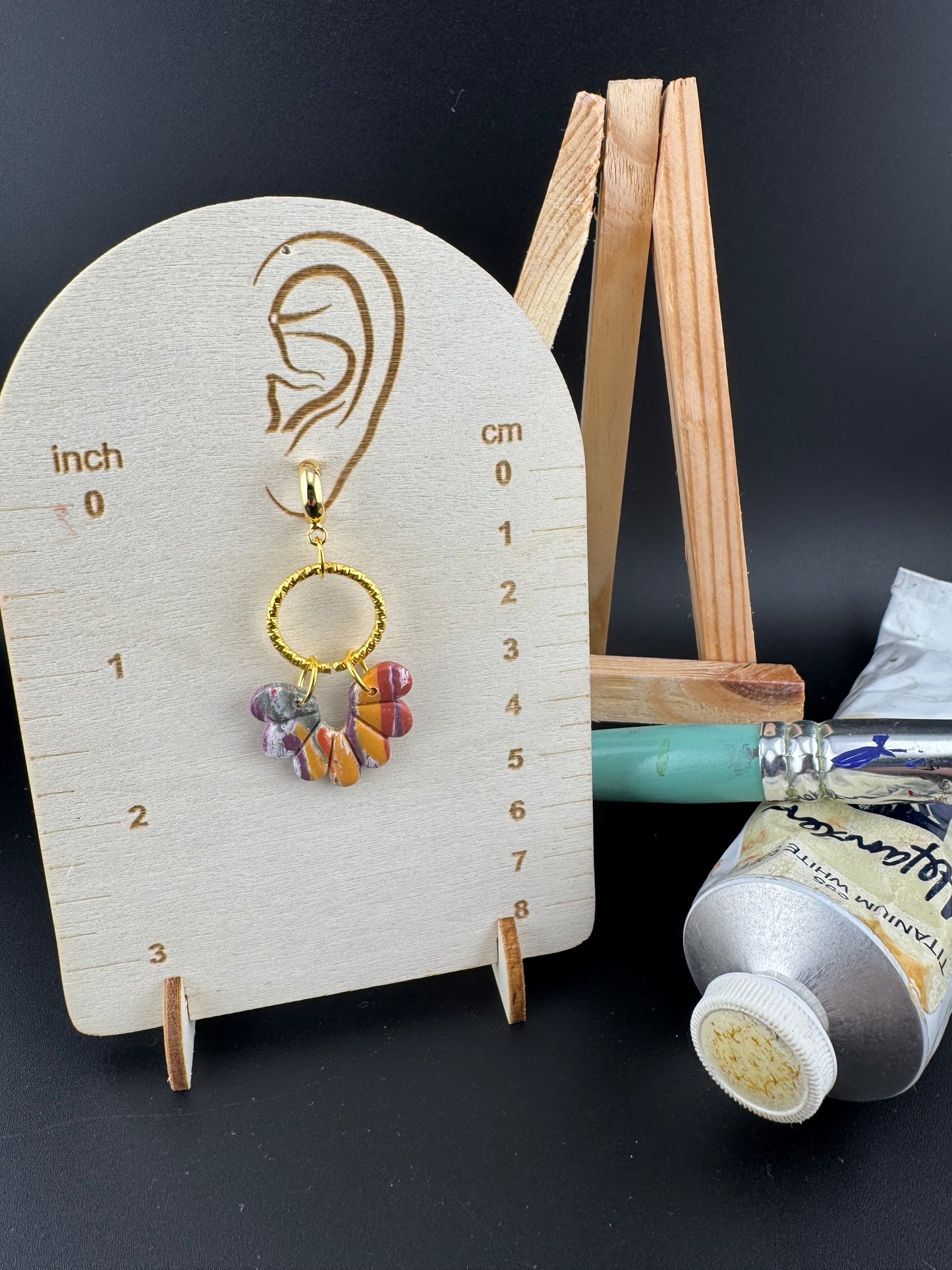 Multicolored, Boho Style Earring with Gold Connector and Gold Huggie Half Hoops
