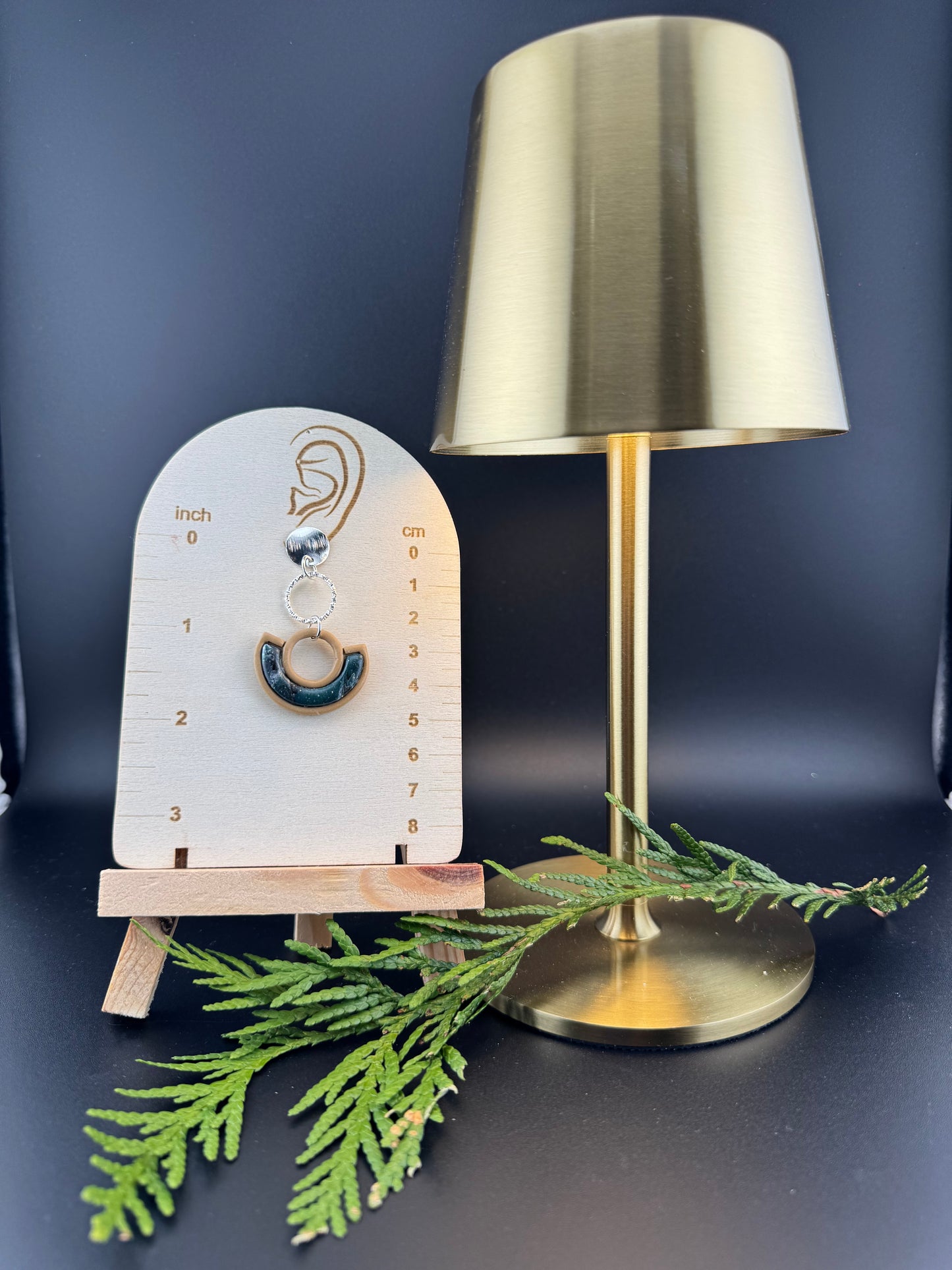 Green Marbled Bezel Earring Boho Style with Silver Circle Charm and Silver Button posts