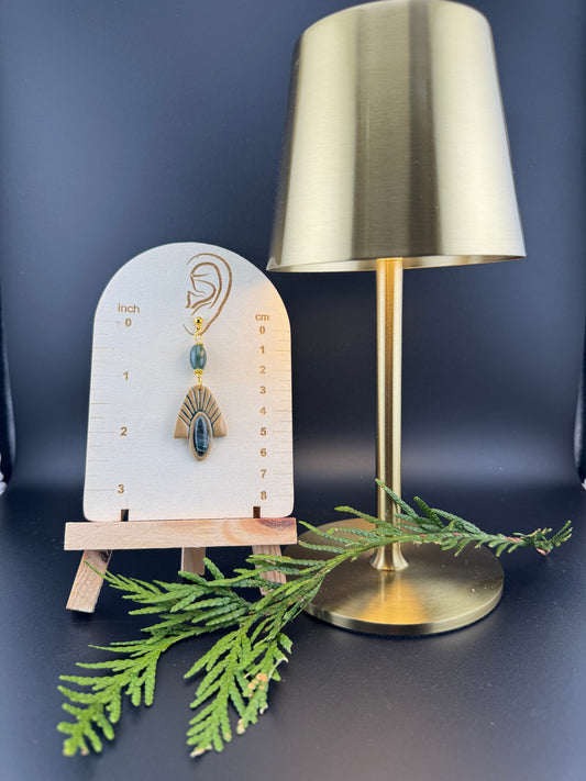 Green Marble Bezel Earring Boho Style with Green Stone Charm and Gold Ball posts