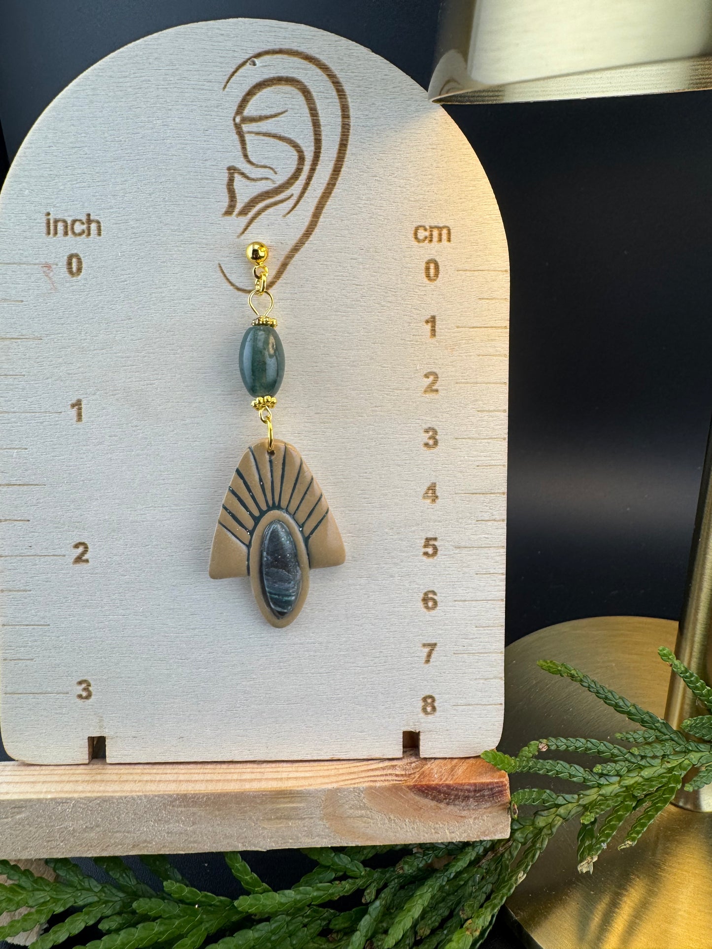 Green Marble Bezel Earring Boho Style with Green Stone Charm and Gold Ball posts