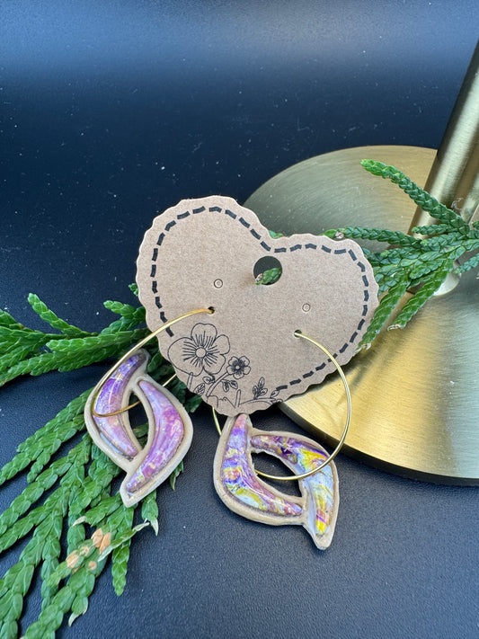 Marbled Purple and Yellow Bezel Earring in Large Gold Hoops