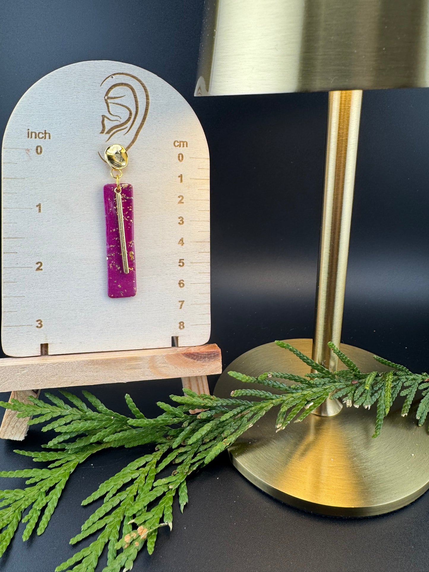 Purple-Red Dangle with Gold Leaf flake Gold Bar Charm and Gold Decorative Button posts