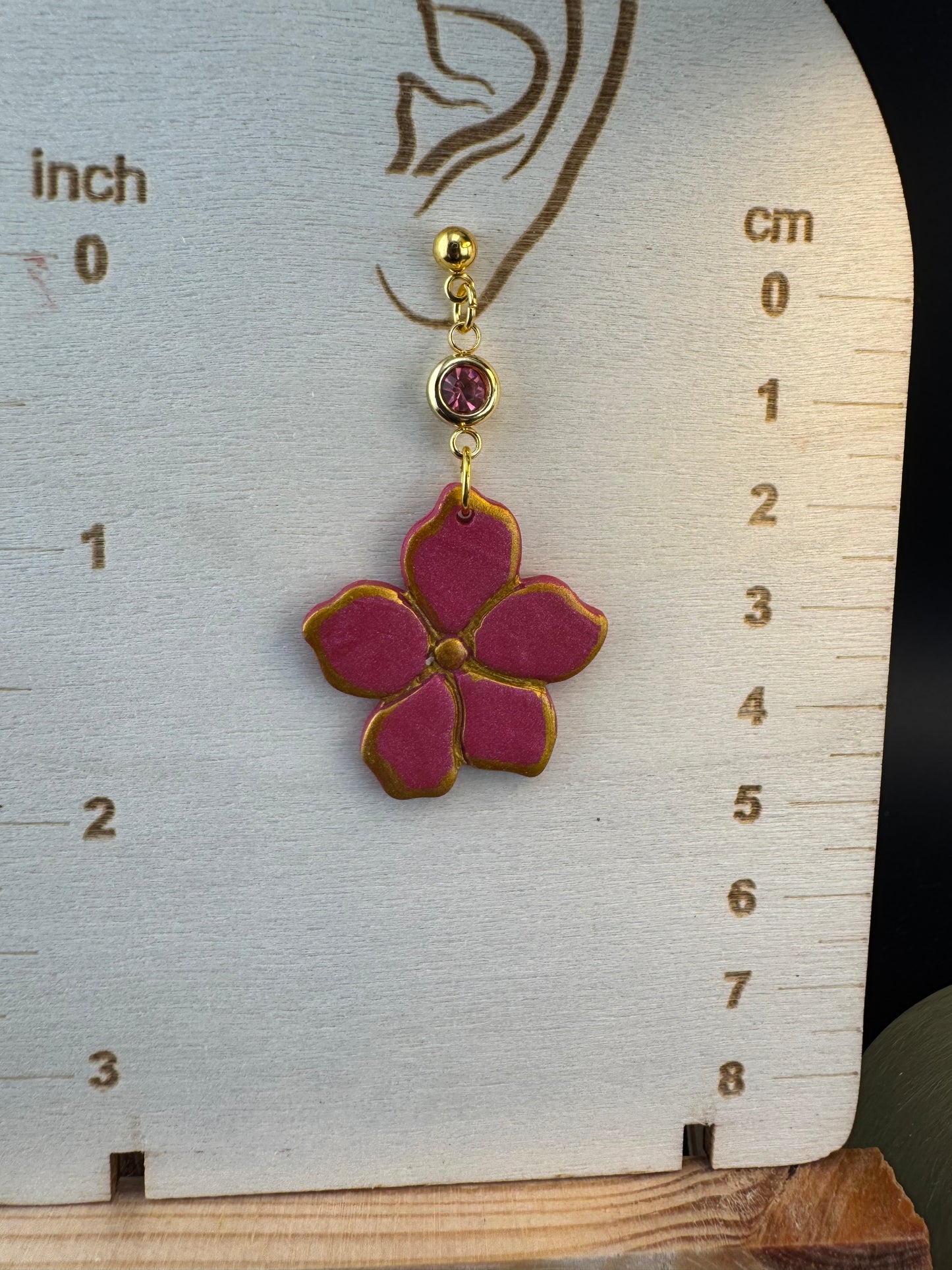 Hot Pink Flower with Pink Rhinestone and Gold Ball post