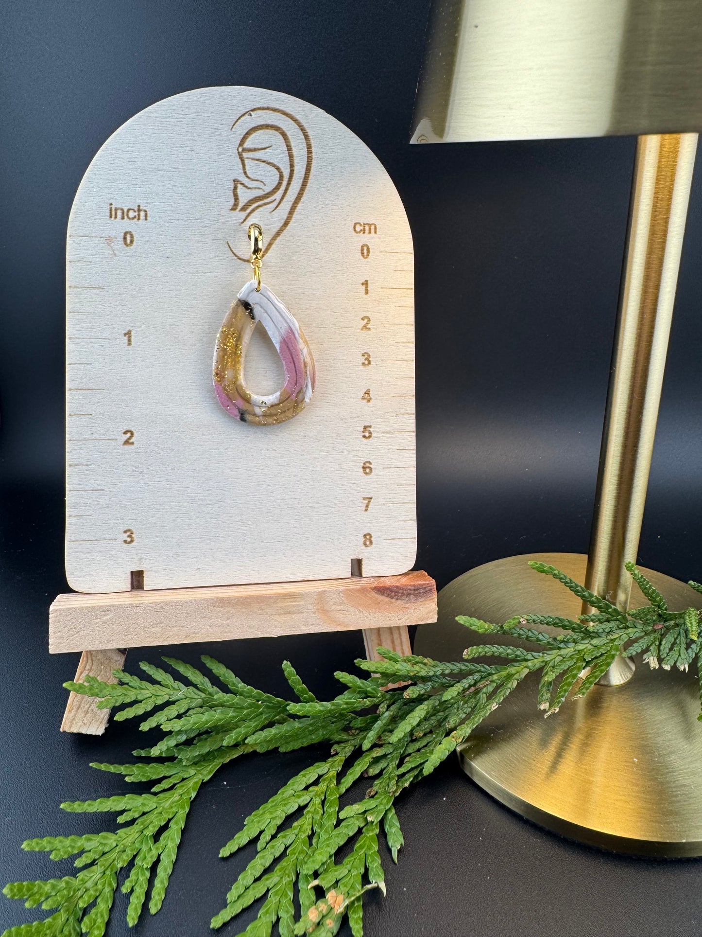 Marbled Pink, Black, White, and Gold Teardrop Earring with Gold Huggie Half Hoop