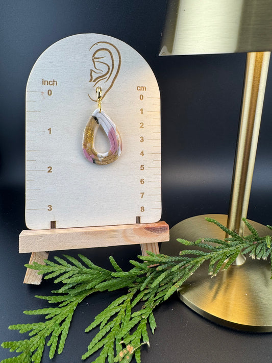 Marbled Pink, Black, White, and Gold Teardrop Earring with Gold Huggie Half Hoop
