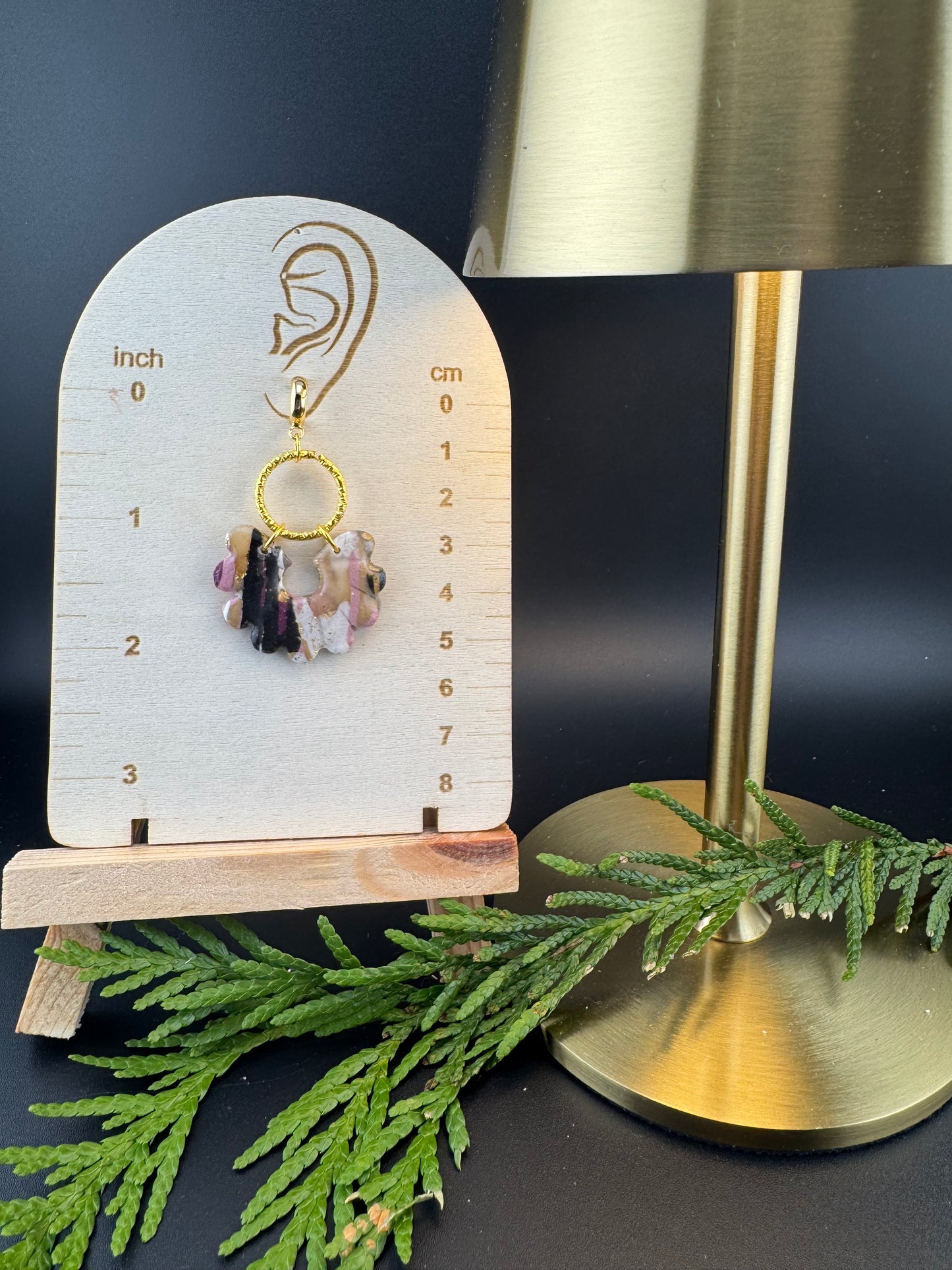 Marbled Pink, Black, White, and Gold Teardrop Earring with Gold Circle charm and Gold Huggie Half Hoops