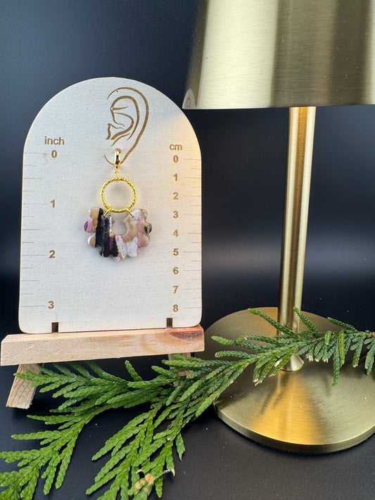 Marbled Pink, Black, White, and Gold Teardrop Earring with Gold Circle charm and Gold Huggie Half Hoops