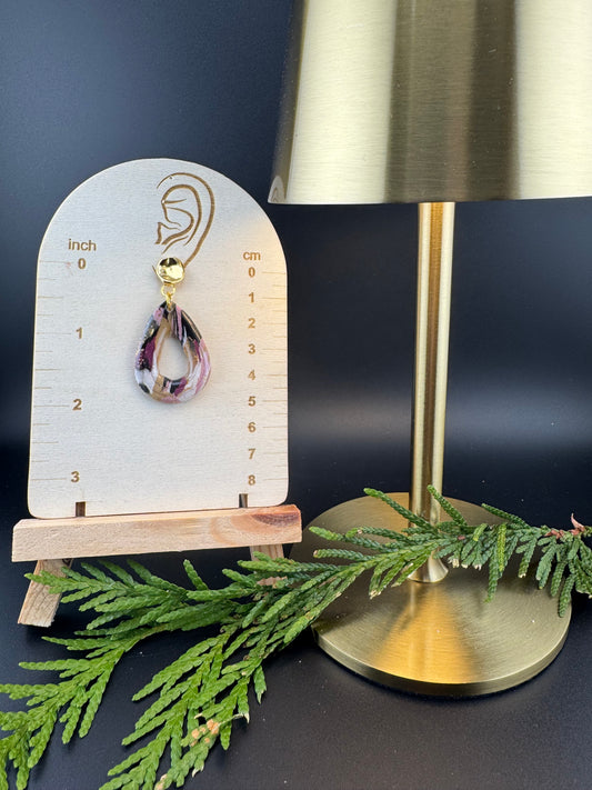 Marbled Pink, Black, White, and Gold Teardrop Earring with Gold Decorative post