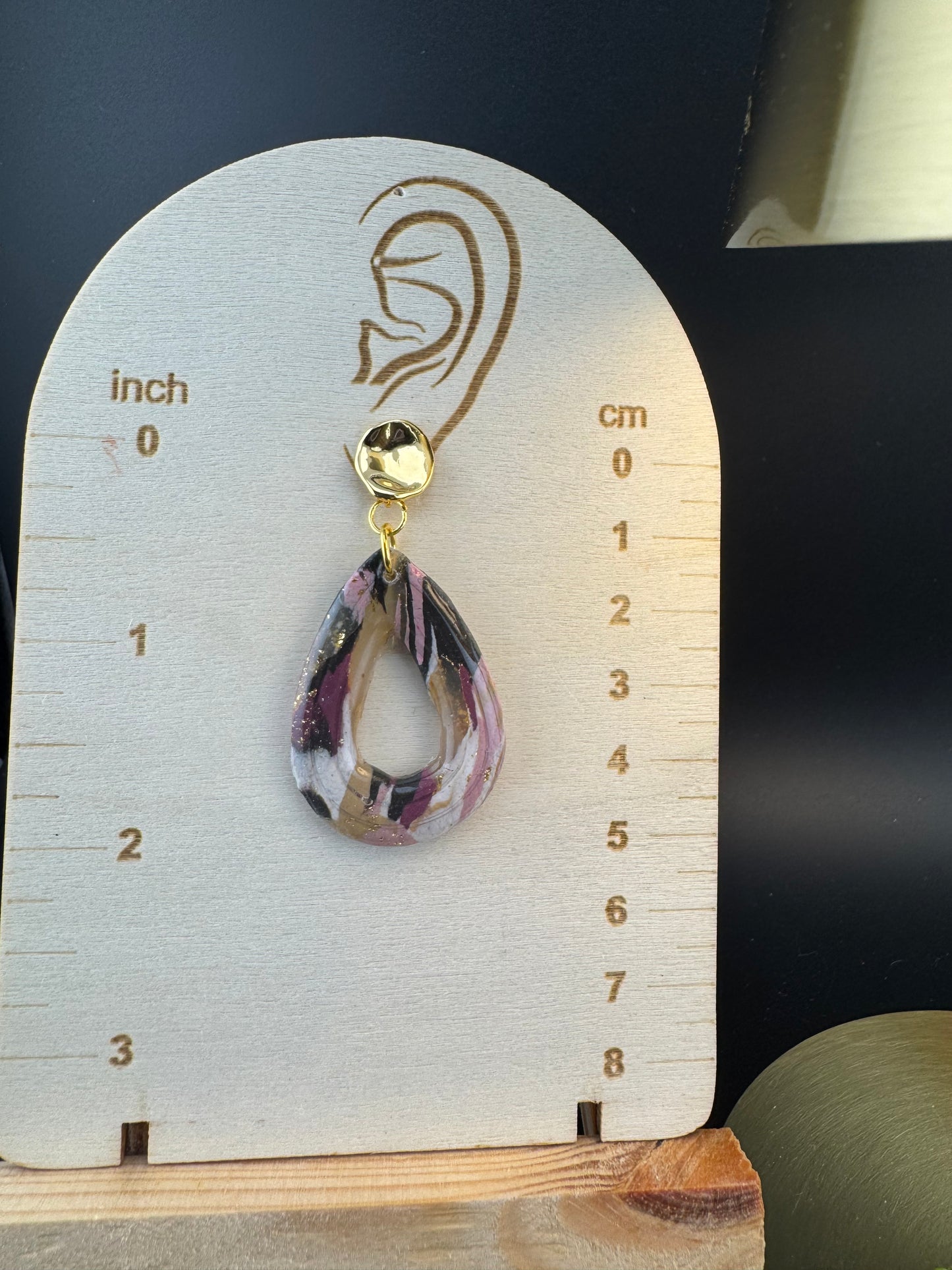 Marbled Pink, Black, White, and Gold Teardrop Earring with Gold Decorative post