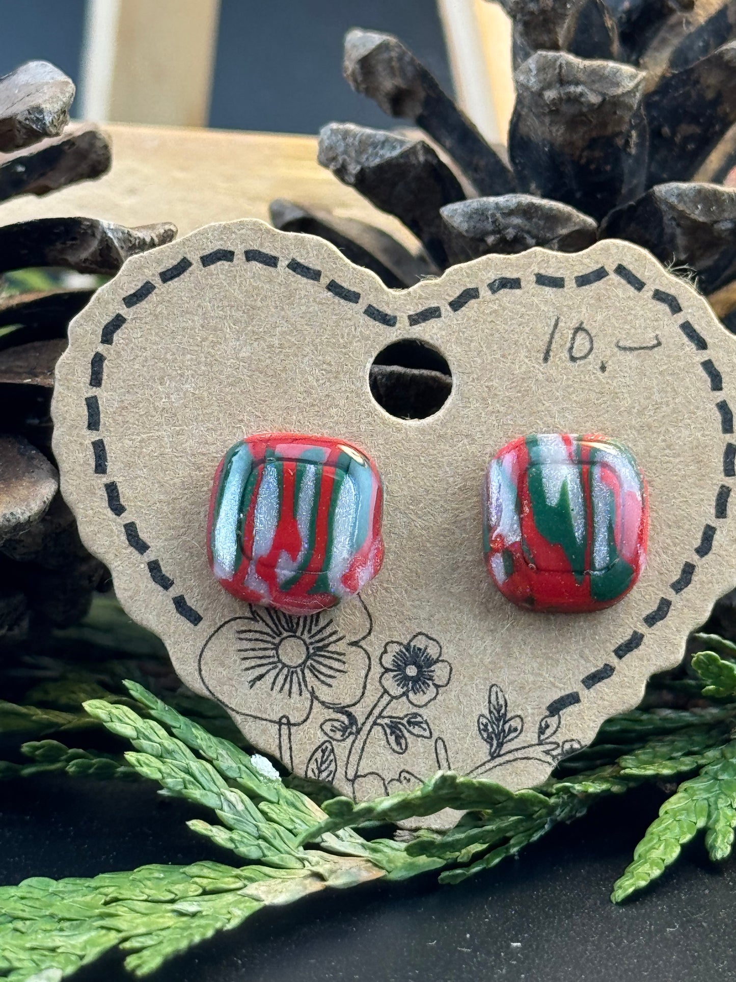Marbled Red, Green, and Silver Stud Earring