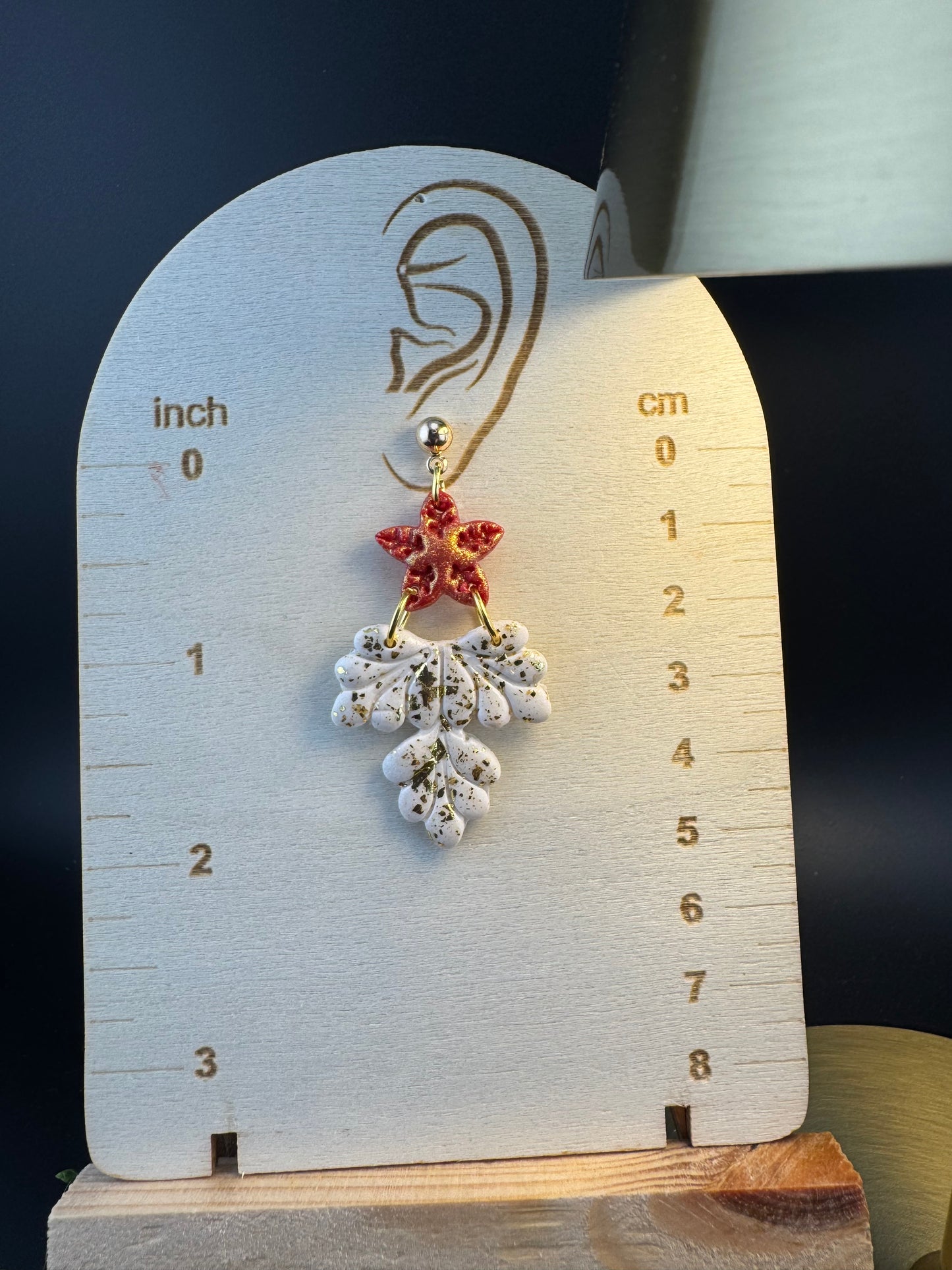 Red or Gold Fleur de Lis Red or Green Dangle with Gold Leaf Earrings