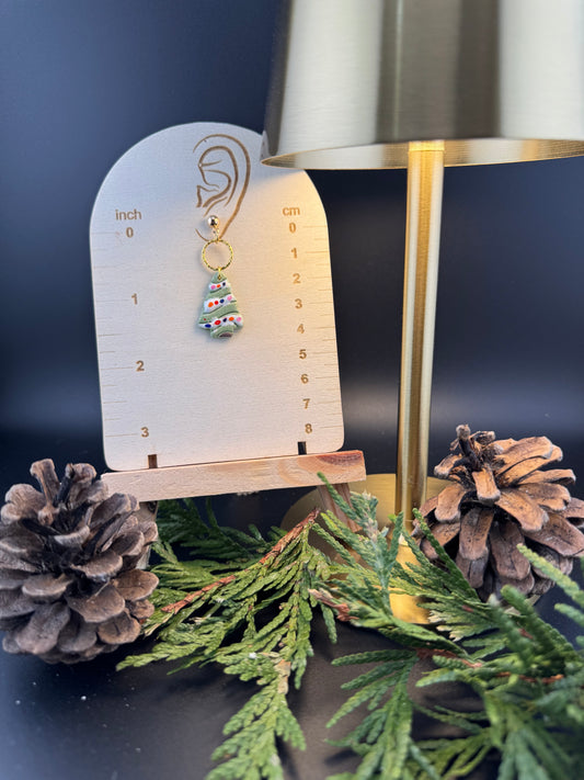 Light Green Christmas Tree with Colored Lights, Gold Circle Connector and Gold Ball Post Earrings