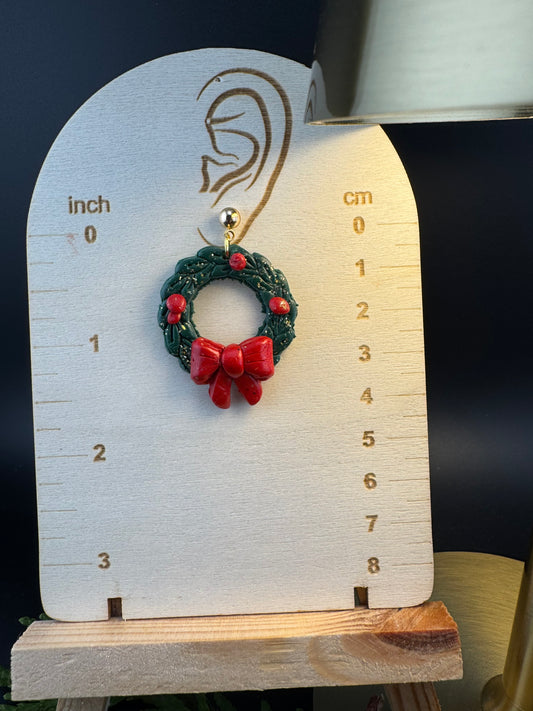 Holly Berry Wreath with Red Bow in Gold or Silver Ball post Earrings