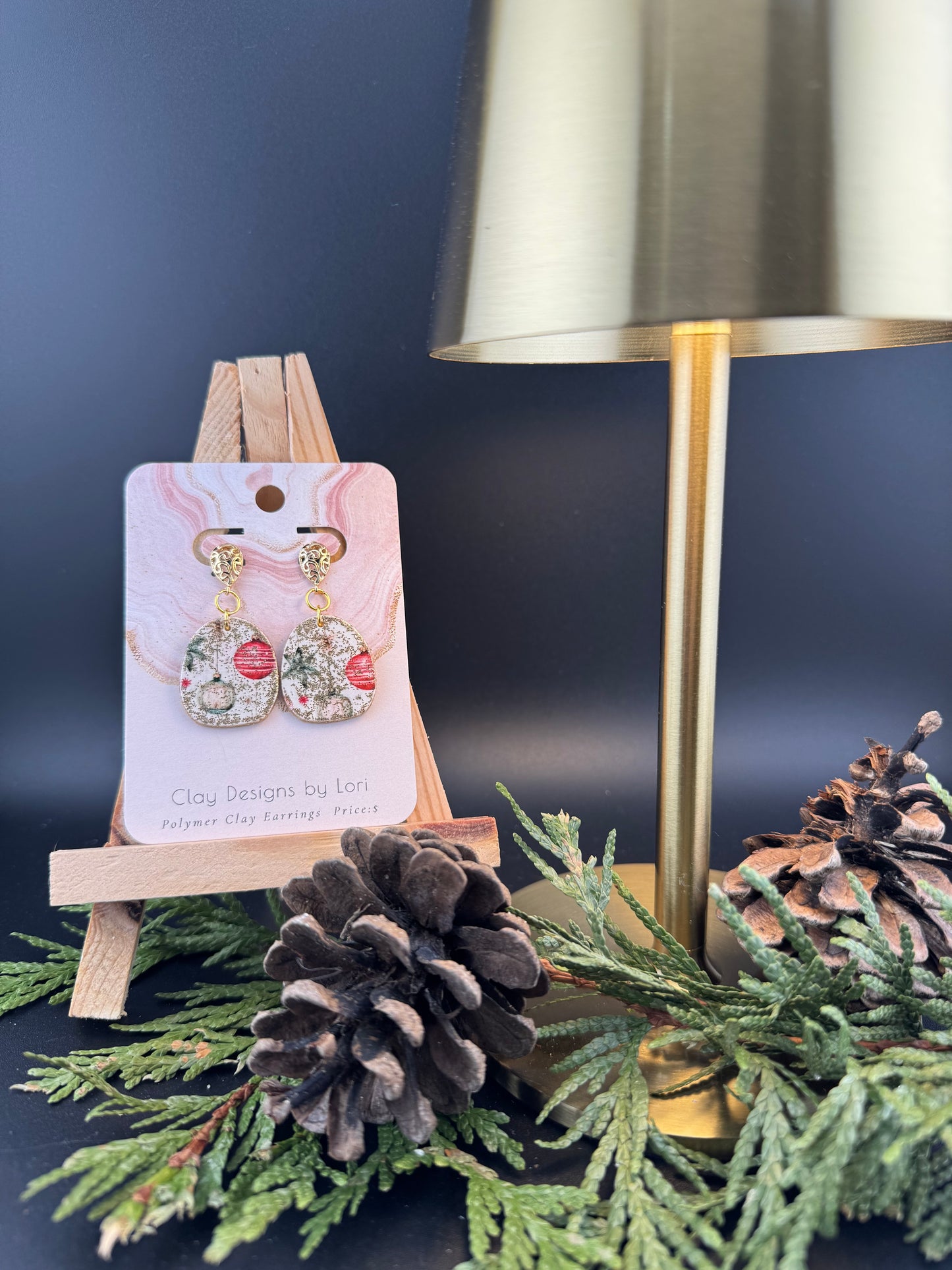 Fancy Ornament Transfer Earrings with Gold Scroll Button Stud