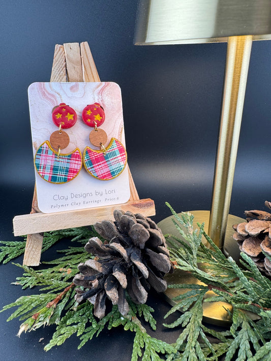 Red and Gold Star Ornament with Red and Green Plaid Earrings
