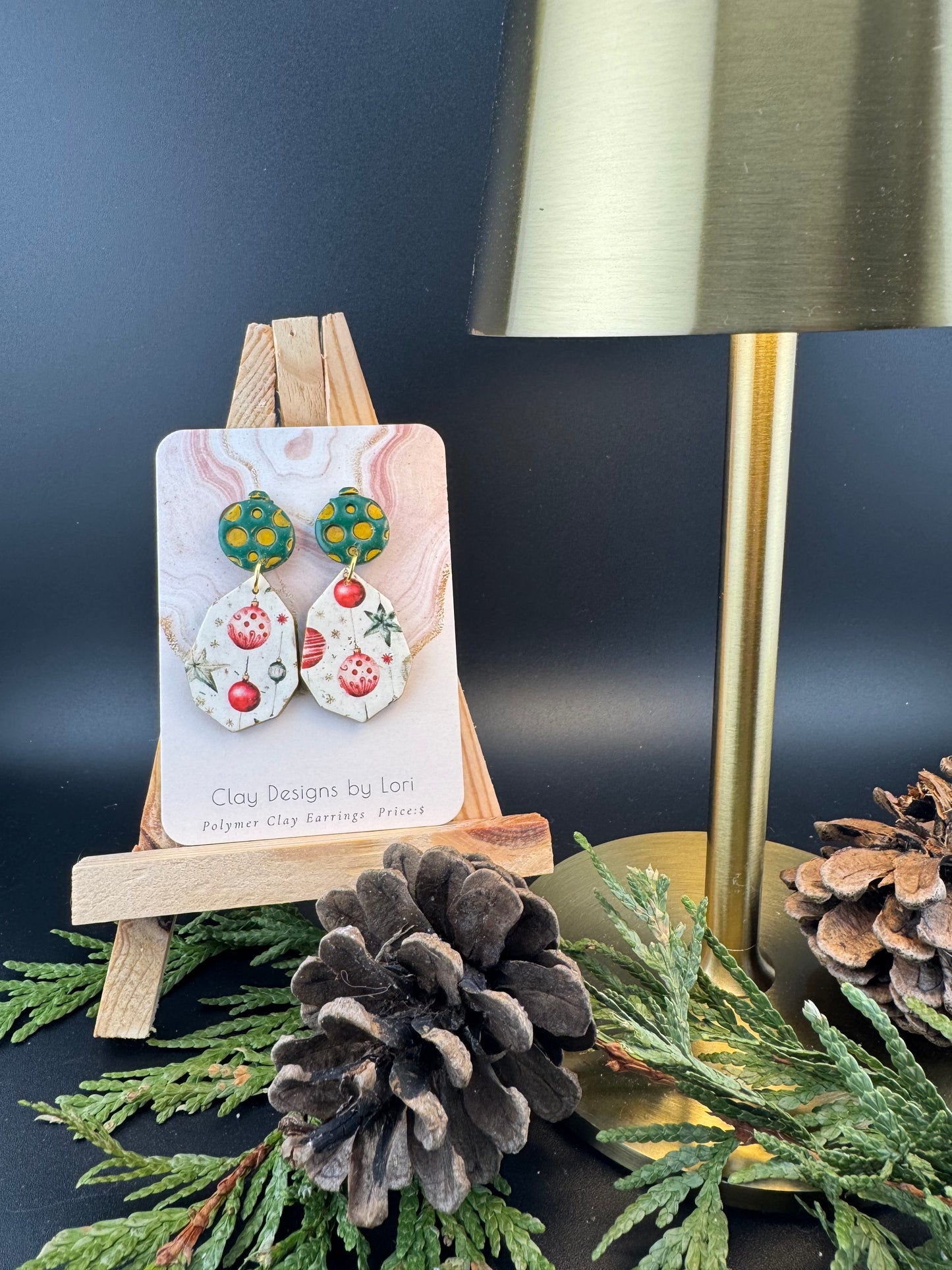 Green and Gold Polka Dot Ornament with Red and Green Ornament Transfer Earrings