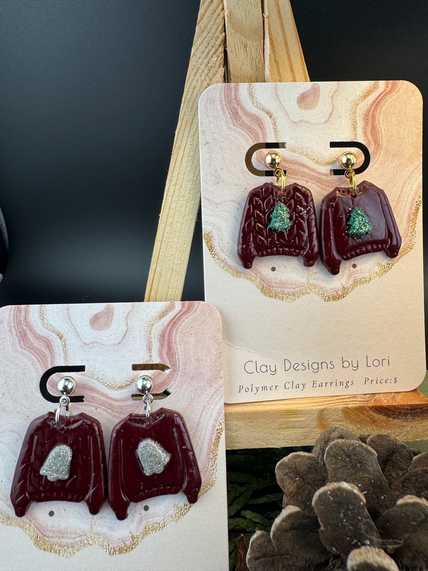 Dark Red Christmas Sweater Earrings with Bells, Stars, and Christmas Trees