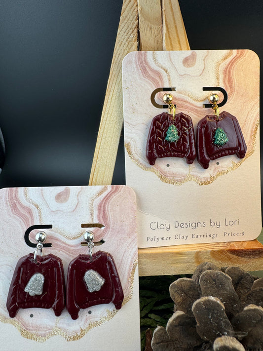 Dark Red Christmas Sweater Earrings with Bells, Stars, and Christmas Trees