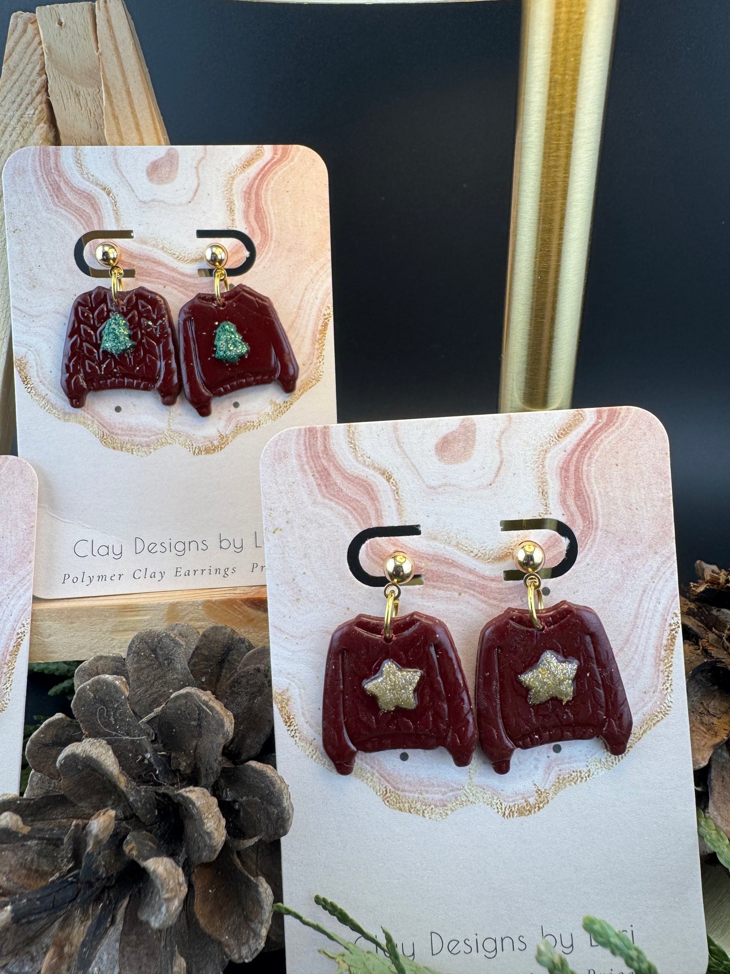 Dark Red Christmas Sweater Earrings with Bells, Stars, and Christmas Trees
