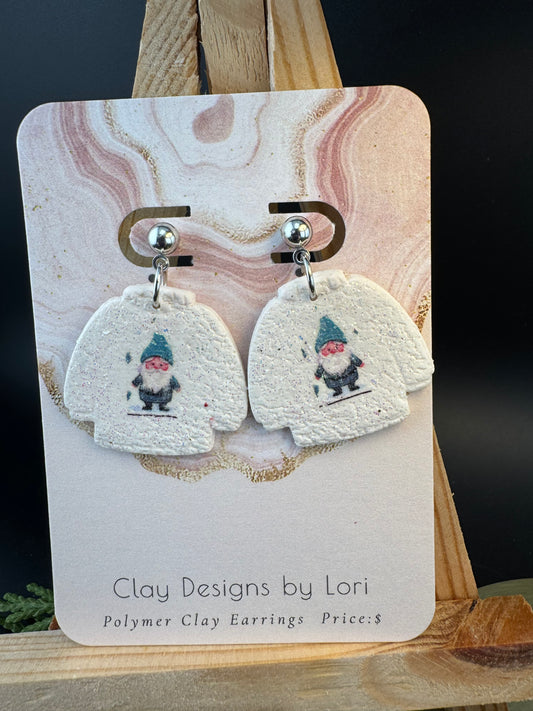 White Sweater Earrings with Gnome Transfer and Ball post
